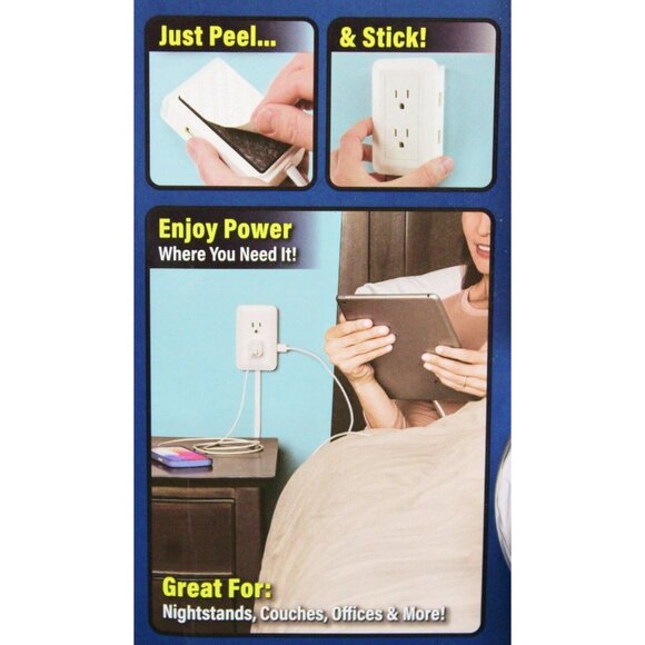 Presto Plug Outlet Extender 4' Cord 2 USB Ports Peel & Stick Surge Protection - Picture 3 of 7
